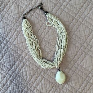 White Beaded Statement Necklace with Large Pendant